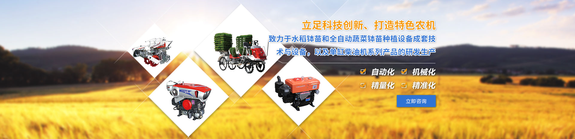 緻力于水(shuǐ)稻缽苗和(hé)全自(zì)動蔬菜缽苗種植設備成套技(jì)術(shù)與設備，以及單缸柴油機(jī)系列産品的(de)研發生(shēng)産